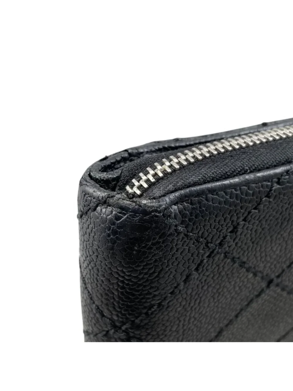 Chanel 2 Fold Wallet Wild Stitch Quilted Caviar Leather CC Logo Black Silver
